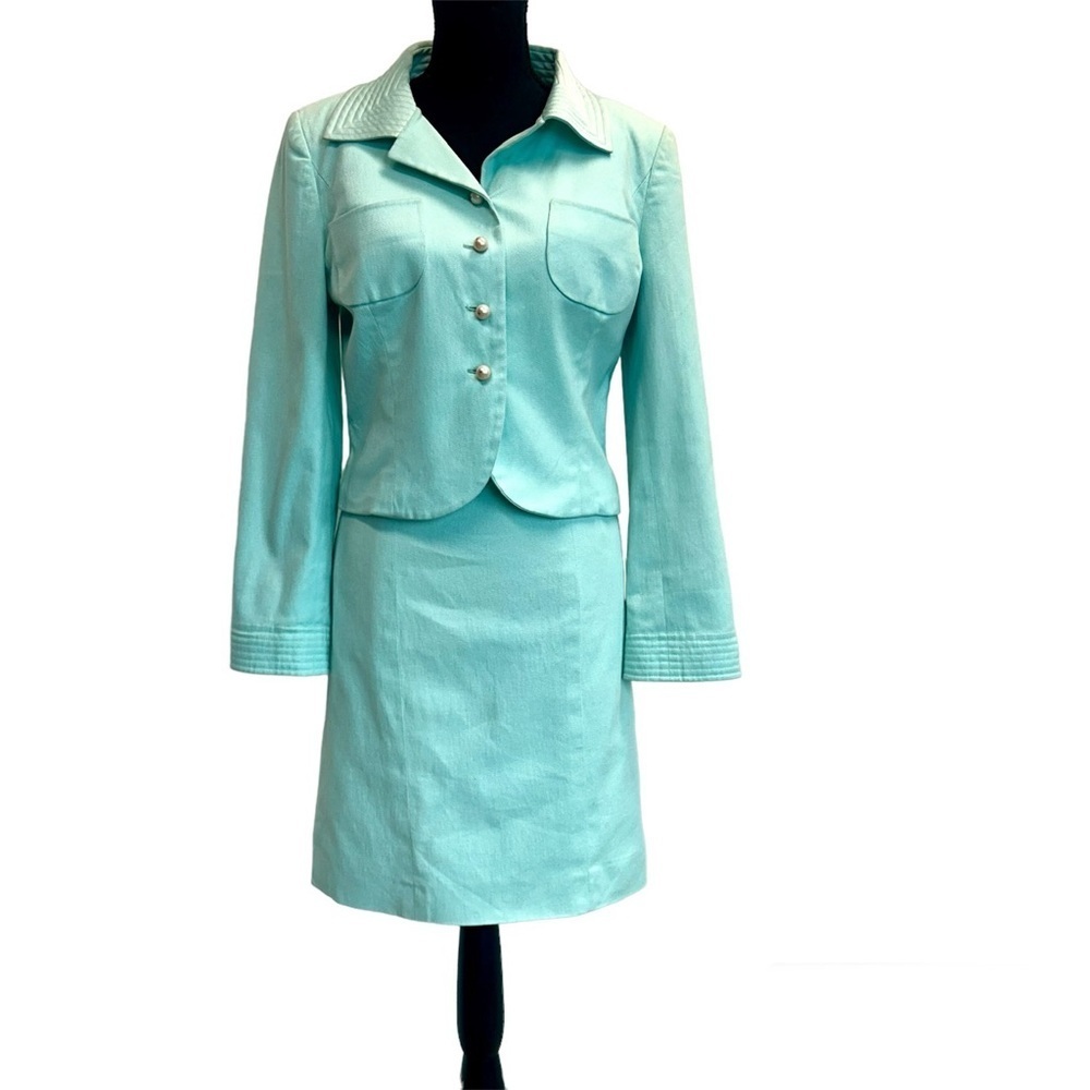 Edward Achour Paris light teal blue mint green lace pearl dress blazer 2 piece